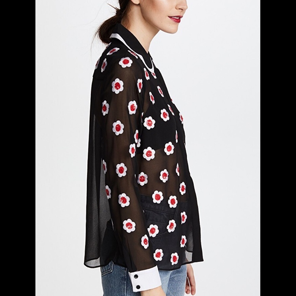 Alice + Olivia Willa Floral Embellished Scalloped Collar Placket Top Black Sz S - Picture 3 of 15
